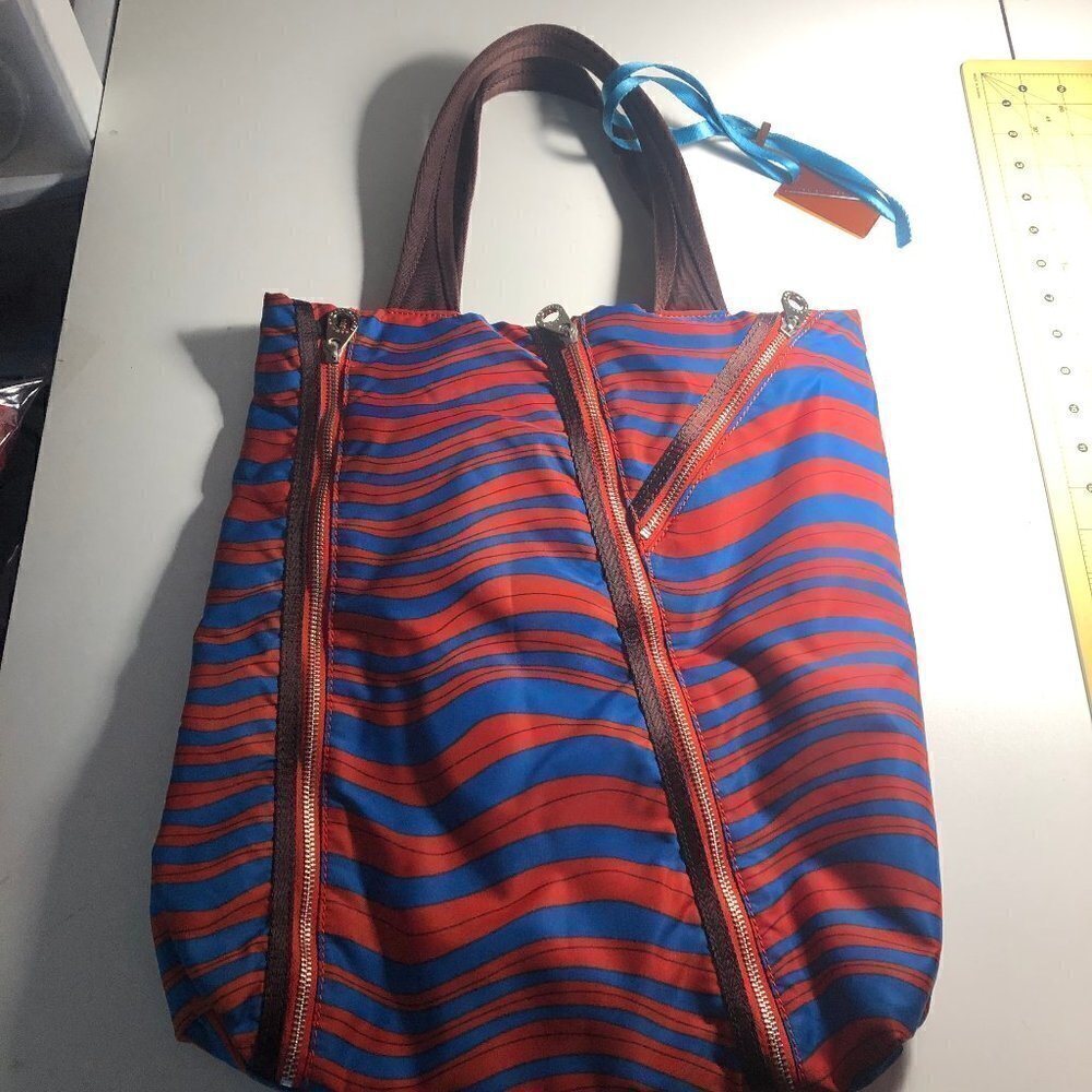 Marc By Marc Jacobs Striped Tote Shoulder Bag Blue Orange Zip Boho Designer 2614 - Picture 2 of 9